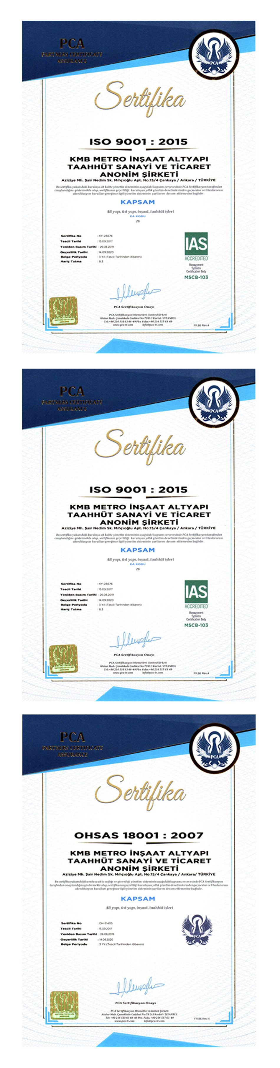 ISO 9001:2015 ve OHSAS 18001 Sertifikaları